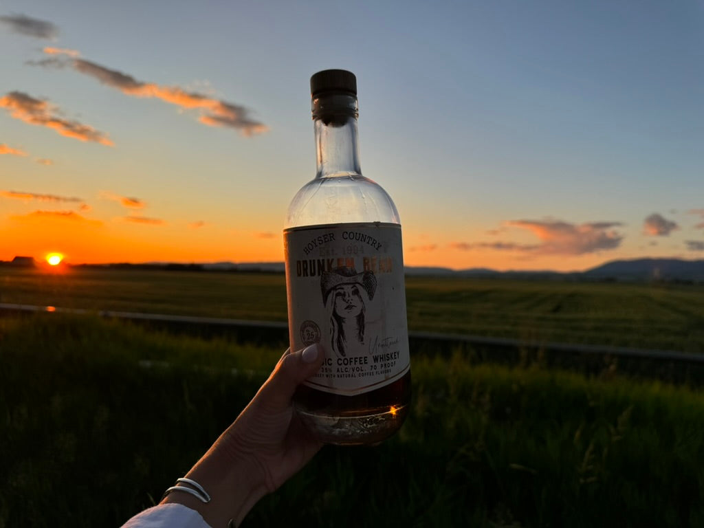 Drunken Bean bottle at sunset
